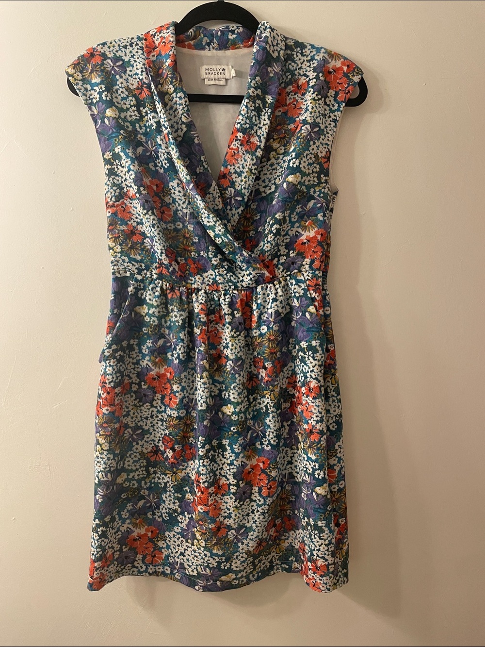 Molly Bracken Teal Floral Wrap Dress with Coral Accents